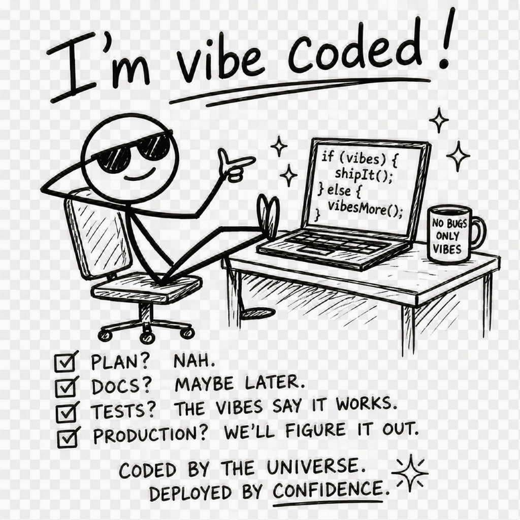 Comic-Zeichnung: entspannte Strichfigur mit Sonnenbrille am Laptop, Spruch „I'm vibe coded!“